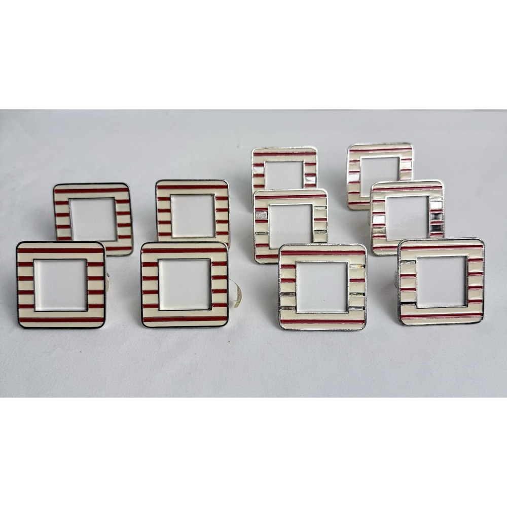 Crate And Barrel Napkin Rings Set of 10 Red Cream Striped Picture Frame Style